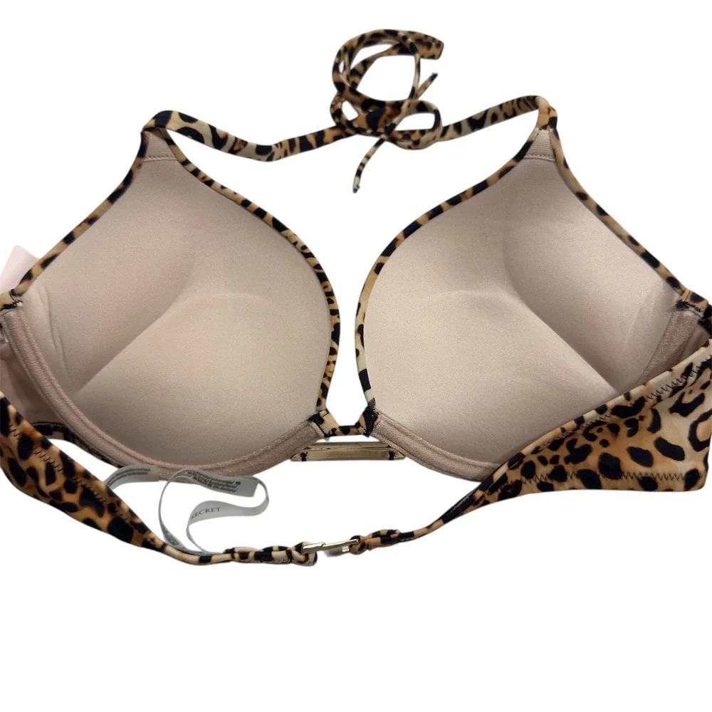 NEW VS Bombshell‎ Leopard Print Push Up Halter Bikini Top Gold Hardware 34A
